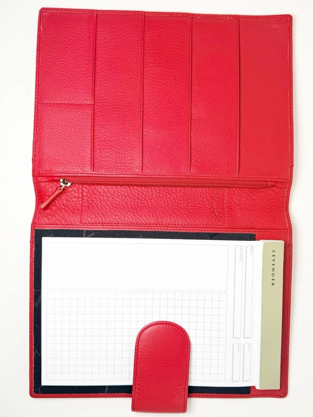 Levenger Red Pebbled Leather Organizer Case with Magnetic Tab Closure, Notepad
